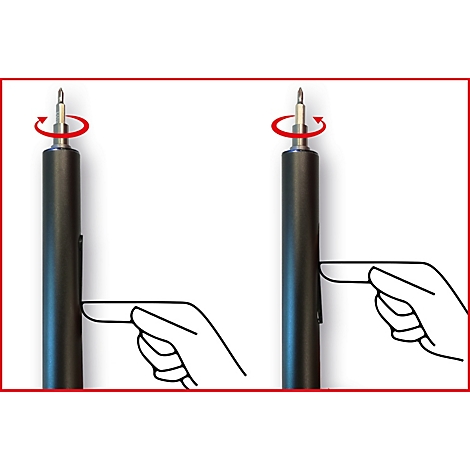 Zwei schwarze Schraubendreher. Auf der Spitze ist ein roter Pfeil, der die Drehung anzeigt. Eine Hand zeigt auf den Schraubendreher.